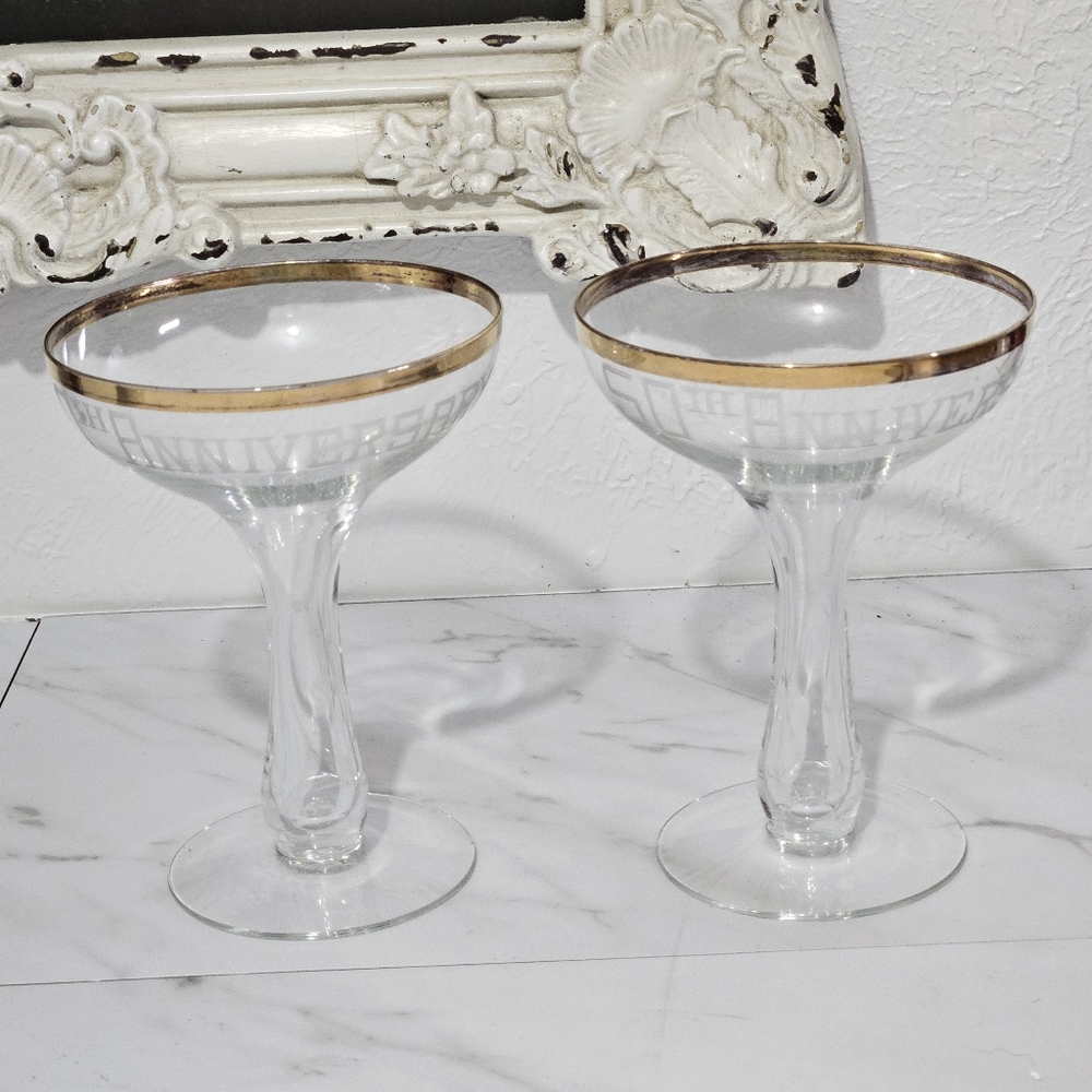 Vintage Set of 2 Champagne Coupes Gold Edges 50 Anniversary Clear Engraved